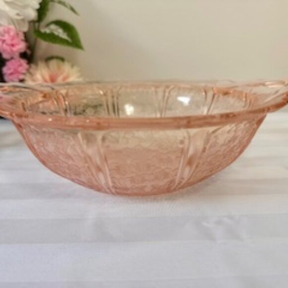 Jeanette Glass Cherry Blossom Pink Depression Bowl Two-Handled Floral Dish - Picture 5 of 6